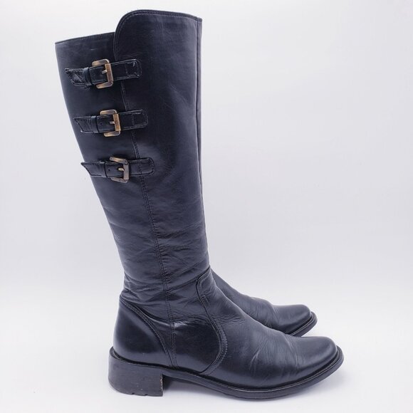 PAUL GREEN Tall Boots Knee-High Riding Black Leather Buckled Size 7 Block Heel - Picture 1 of 10